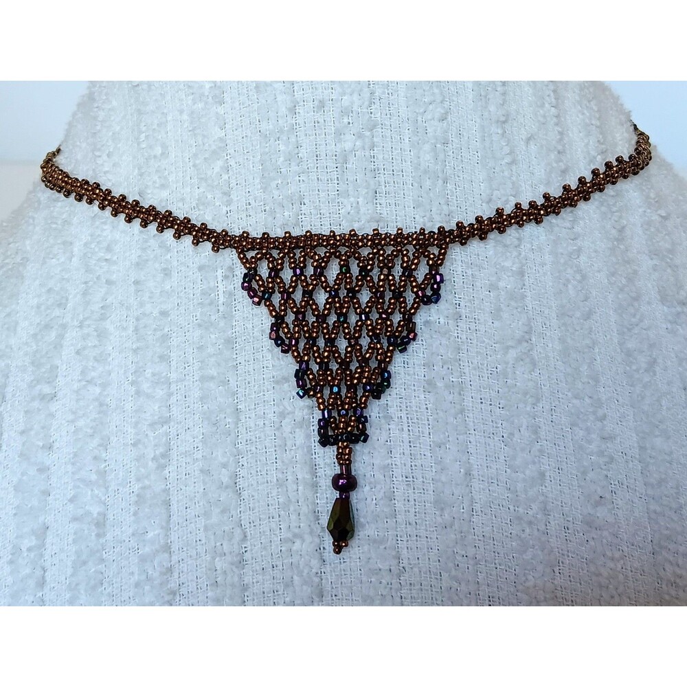 Artisan Intricate Bronze & Oil Slick Seed Bead "Lace" Necklace 16 in